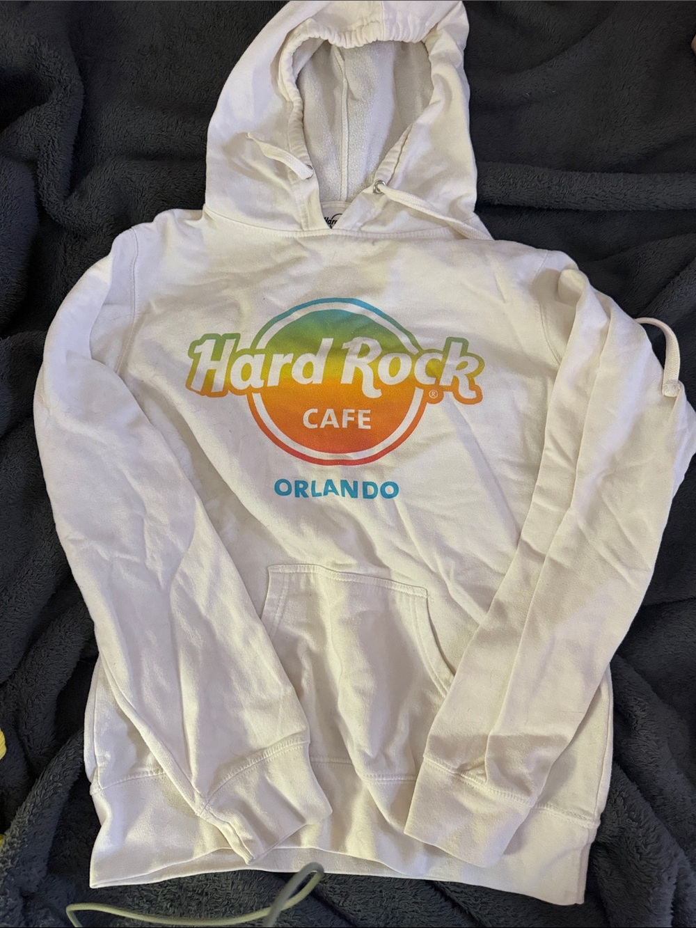 Hard Rock Cafe White Hoodie with Rainbow Gradient Logo